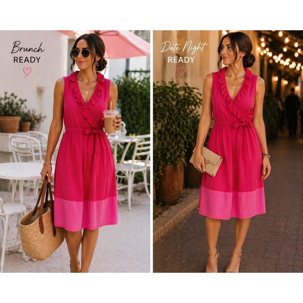 Romantic Pink Ruffle Wrap Dress Belted Sleeveless Date Night Summer Midi Sz M